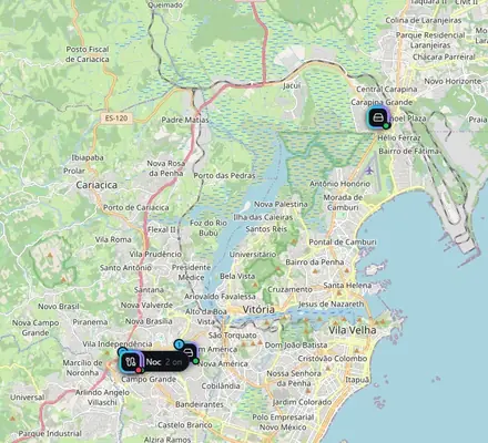 Mapa da cidade no painel do Aurora Vision, com os marcadores das câmeras e dos aparelhos.
